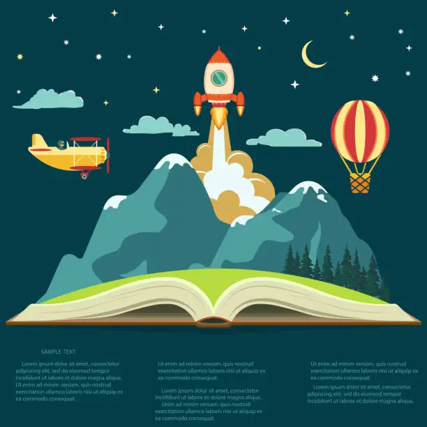 Vector illustration of Imagination concept, open book with a mountain, flying rocket, air balloon and airplane
