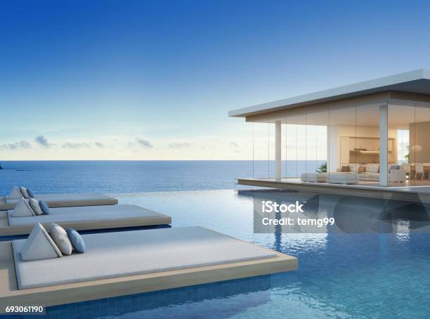 Luxury Beach House With Sea View Swimming Pool In Modern Design Vacation Home For Big Family Stock Photo - Download Image Now