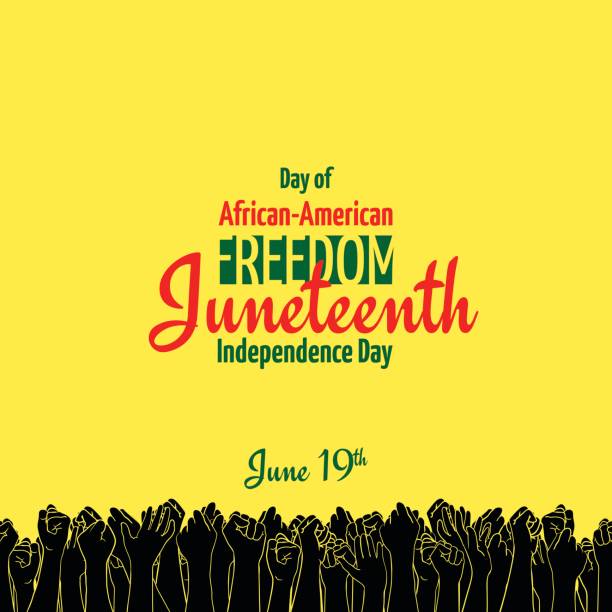 Juneteenth, African-American Independence Day, June 19. Day of Freedom and Emancipation Juneteenth, African-American Independence Day, June 19. Day of freedom and emancipation. Yellow banner with seamless border, raised hand of celebrating people juneteenth celebration stock illustrations