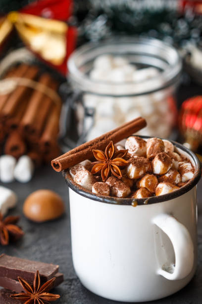 istock Hot cocoa with marshmallows, cinnamon and caramel sauce in a white mug. Selective focus 693071230