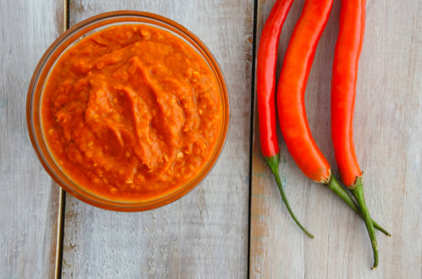 istock Flat lay view of a hot chilli sauce served with fresh chillies 693075298
