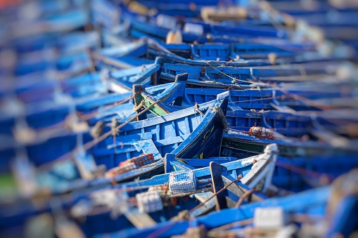 Blue fishing boats in Essaouira, Morocco, Africa