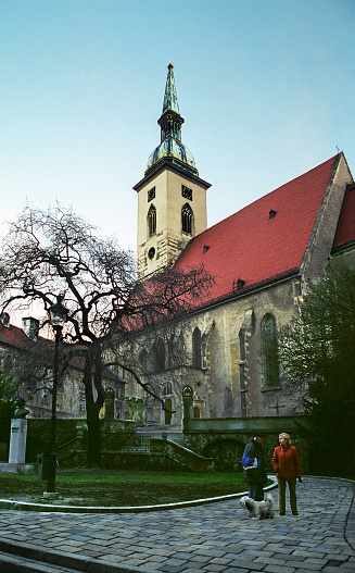 Two people (local residents of Bratislava), in the center of the old city, stand and talk on the background of the Cathedral. Next to them are their domestic dogs. St. Martin's Cathedral in Bratislava was built in 1221, and is the pride of Slovakia                                                       Scanned film 24x36 mm ( negative )