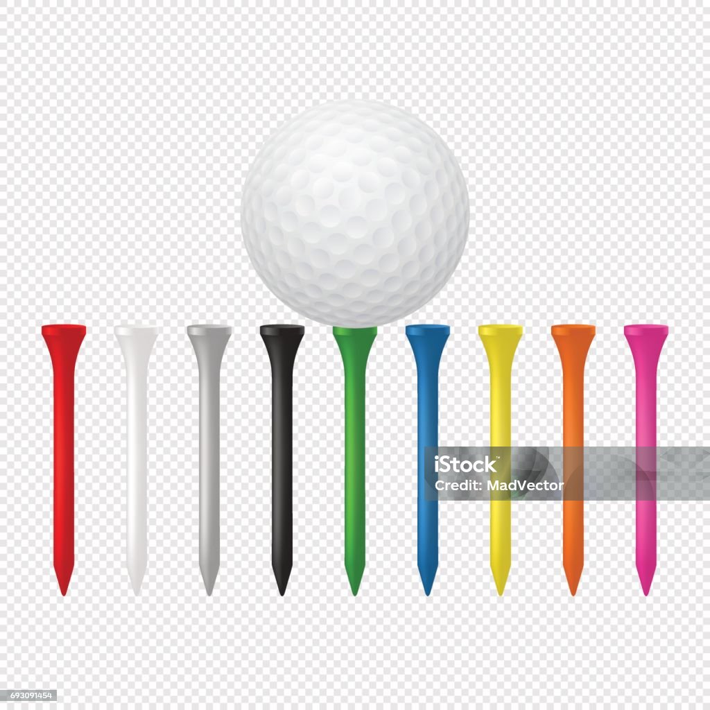 Illustration of sports set - realistic golf ball with tees. Design templates in vector. Closeup isolated on transparent background Golf set - ball with tees. Vector EPS10 illustration. Tee - Sports Equipment stock vector