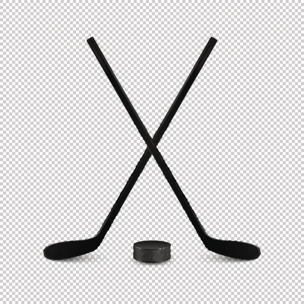 Illustration of sports set - two realistic crossed hockey sticks and puck. Design templates in vector. Closeup isolated on transparent background Illustration of sports set - two realistic crossed hockey sticks and puck. Design templates in EPS10 vector. Closeup isolated on transparent background. ice hockey league stock illustrations