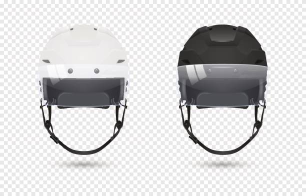 Realistic classic ice hockey helmets with visor set - black and white color. Isolated on transparent background. Front view. Design template closeup in vector. Mock-up for branding and advertise etc Realistic classic ice hockey helmets with visor set - black and white color. Isolated on transparent background. Front view. Design template closeup in EPS10 vector. Mock-up for branding and advertise etc. ice hockey league stock illustrations