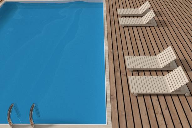 istock swimming pool design with beach lounge wooden floor in 3D rendering 693094328