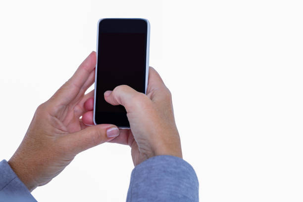 Hand of woman touching smartphone on white background