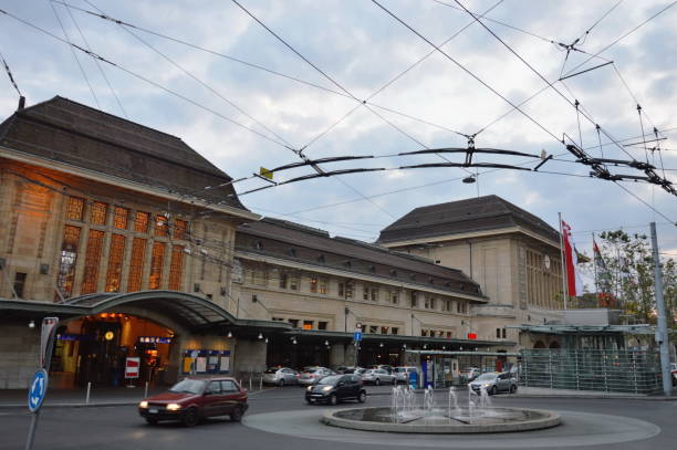 train station front building in Lausanne Switzerland on evening
