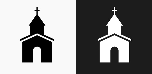 Church Icon on Black and White Vector Backgrounds. This vector illustration includes two variations of the icon one in black on a light background on the left and another version in white on a dark background positioned on the right. The vector icon is simple yet elegant and can be used in a variety of ways including website or mobile application icon. This royalty free image is 100% vector based and all design elements can be scaled to any size.