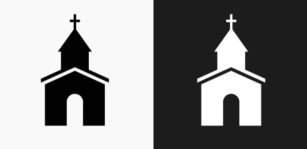 Church Icon on Black and White Vector Backgrounds Church Icon on Black and White Vector Backgrounds. This vector illustration includes two variations of the icon one in black on a light background on the left and another version in white on a dark background positioned on the right. The vector icon is simple yet elegant and can be used in a variety of ways including website or mobile application icon. This royalty free image is 100% vector based and all design elements can be scaled to any size. multiple churches stock illustrations