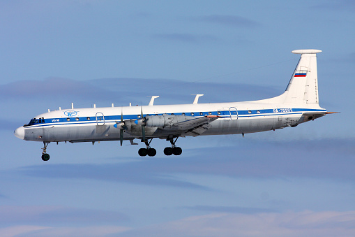 Chkalovsky, Moscow Region, Russia - March 2, 2013: Ilyushin IL-22 RA-75902 of Russian Air Force landing at Chkalovsky.