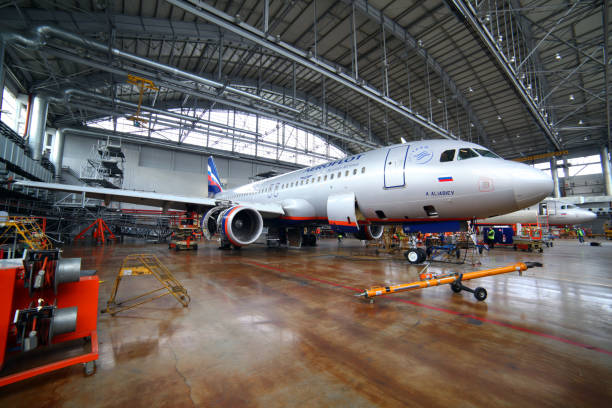 Aeroflot Airbus A320 VP-BWD standing in a maintainence hangar at Sheremetyevo international airport. stock photo