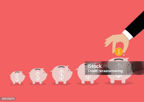 Step Of Business Hand Insert Coin Into The Piggy Bank Stock Illustration - Download Image Now