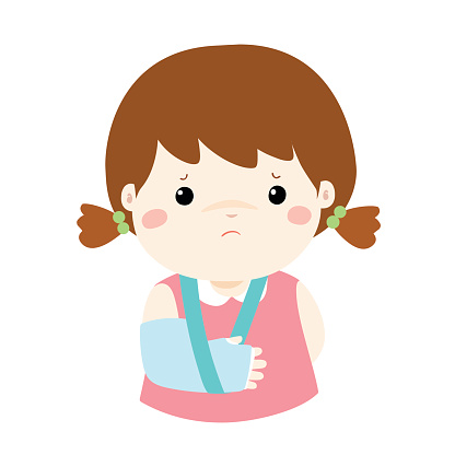 Cute girl hand bone broken from accident with arm splint vector illustration.