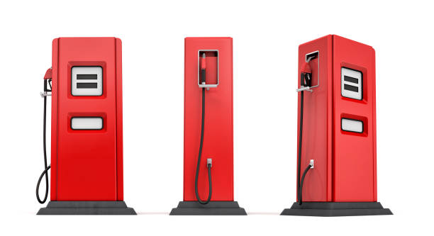 3d rendering of three red gas pumps in front, side and half side views isolated on white background