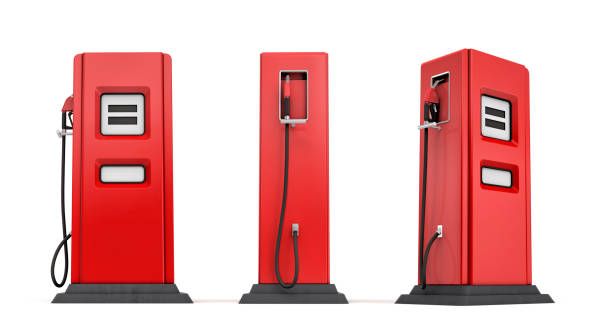 3d rendering of three red gas pumps in front, side and half side views isolated on white background stock photo