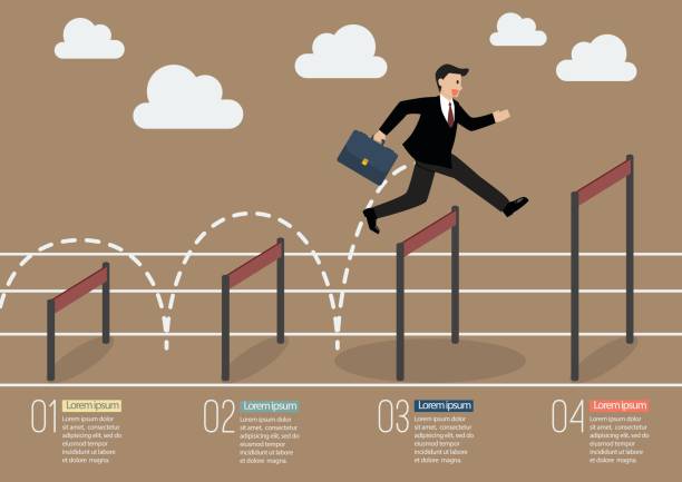 бизнесмен перепрыгивая через более высокие препятствия инфографики - running sport hurdle cartoon stock illustrations