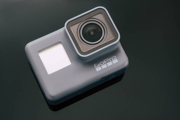 Kharkov, Ukraine - April 6, 2017: GoPro HERO 5 black edition digital action camera top view. Compact gadget waterproof , support 4k video, voice controls and is often used in extreme photography