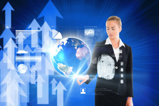istock Blonde businesswoman touching earth interface 693139564