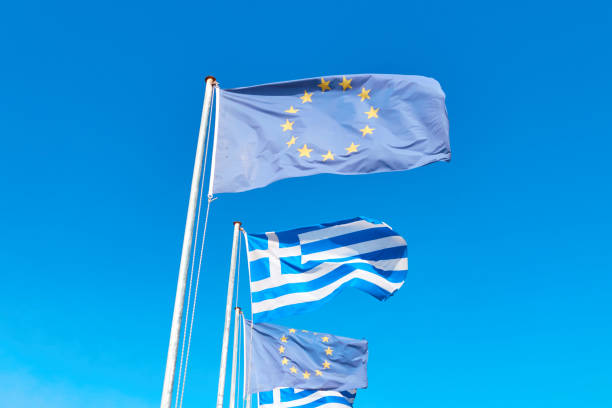 青フラグ - flag greece european union flag coat of arms ストックフォトと画像