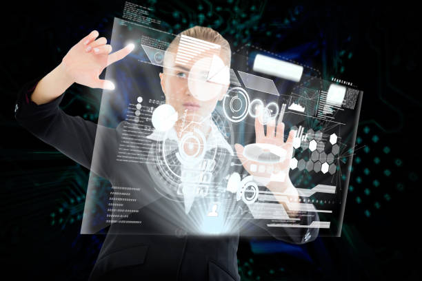 istock Blonde businesswoman touching interface 693147360