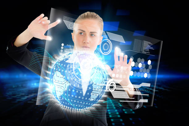 istock Blonde businesswoman touching interface with earth 693147488
