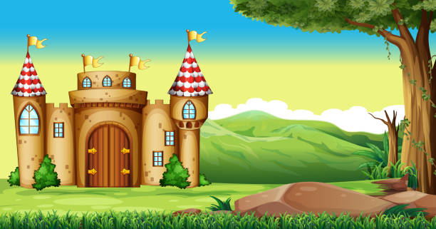 ilustraciones, imágenes clip art, dibujos animados e iconos de stock de castillo en el campo torres - castle fairy tale palace forest