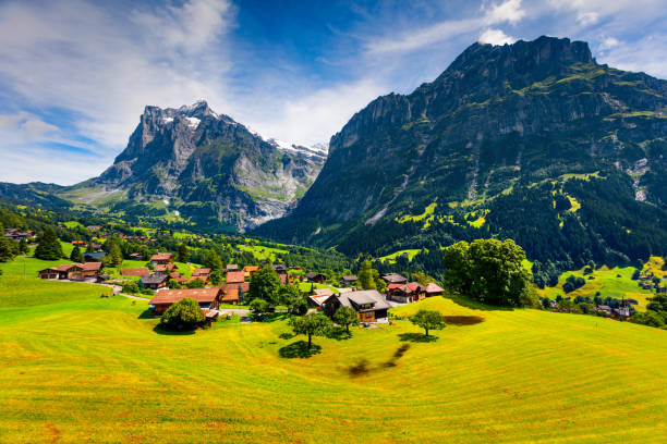 케이블에서 그린델발트 마 골짜기의 화려한 아침 전망. - wetterhorn 뉴스 사진 이미지