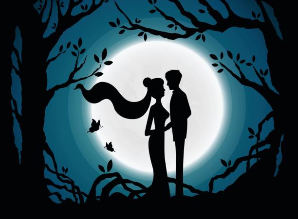 istock Wedding invitation card with silhouette bride and groom.full moon background. Vector 693156400