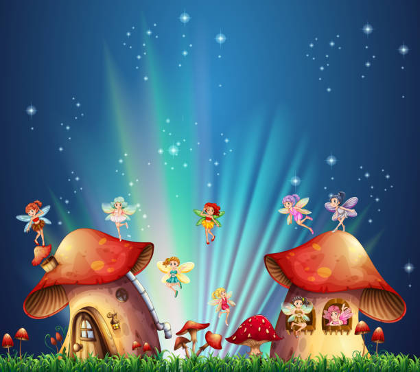 ilustraciones, imágenes clip art, dibujos animados e iconos de stock de hadas volando sobre casas setas - fairy child outdoors fairy tale