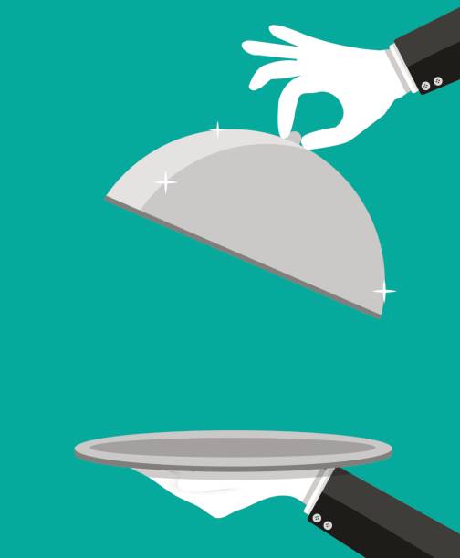 Hands of waiter holding empty silver cloche. Hands of waiter holding empty silver cloche. Vector illustration in flat style serving food and drinks stock illustrations