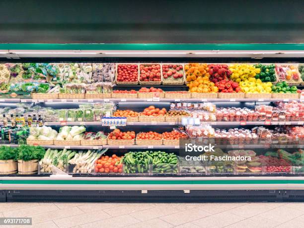 Fresh Vegetables On Shelf In Supermarket Stock Photo - Download Image Now - Supermarket, Vegetable, Fruit