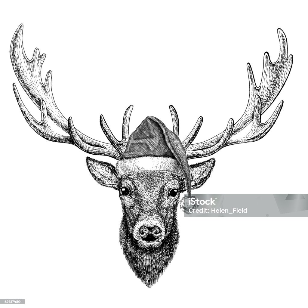 Deer wearing christmas hat New year eve Merry christmas and happy new year Zoo life Holidays celebration Santa Claus hat Wild animal wearing christmas hat New year eve Merry christmas and happy new year Zoo life Holidays celebration Hand drawn image with Santa Claus hat Christmas stock illustration