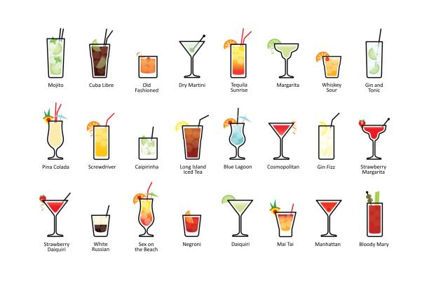 Popular alcoholic cocktails with titles, icons set in flat style Popular alcoholic cocktails with titles, icons set in flat style on white background tequila sunrise stock illustrations