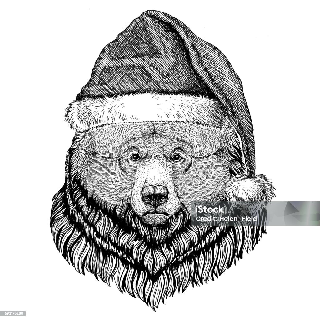 Grizzly bear Big wild bear wearing christmas hat New year eve Merry christmas and happy new year Zoo life Holidays celebration Santa Claus hat Wild animal wearing christmas hat New year eve Merry christmas and happy new year Zoo life Holidays celebration Hand drawn image with Santa Claus hat Santa Claus stock illustration