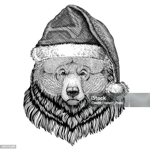 Grizzly Bear Big Wild Bear Wearing Christmas Hat New Year Eve Merry Christmas And Happy New Year Zoo Life Holidays Celebration Santa Claus Hat Stock Illustration - Download Image Now