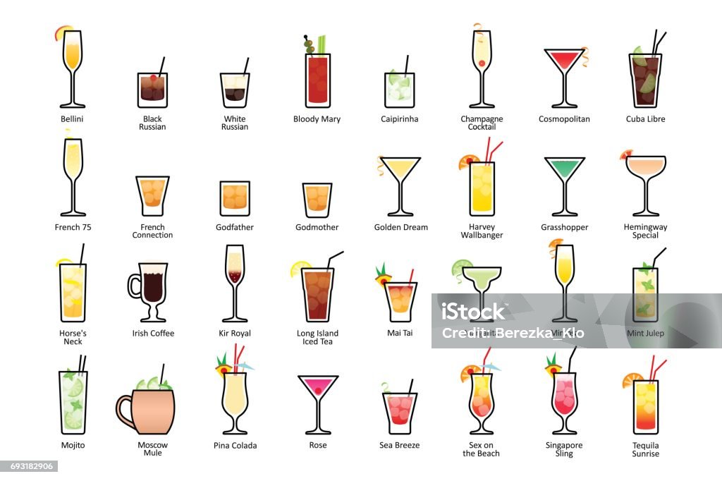 Alcoholic cocktails with titles. IBA official cocktails, Contemporary Classics Alcoholic cocktails with titles. IBA official cocktails, Contemporary Classics. Icons set in flat style on white background Icon Symbol stock vector