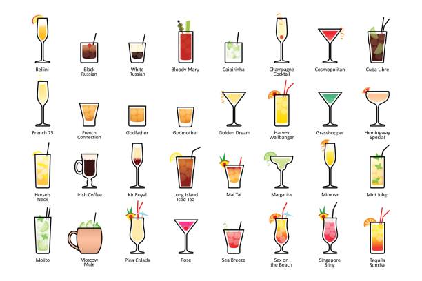 Alcoholic cocktails with titles. IBA official cocktails, Contemporary Classics Alcoholic cocktails with titles. IBA official cocktails, Contemporary Classics. Icons set in flat style on white background pics of the godmother stock illustrations