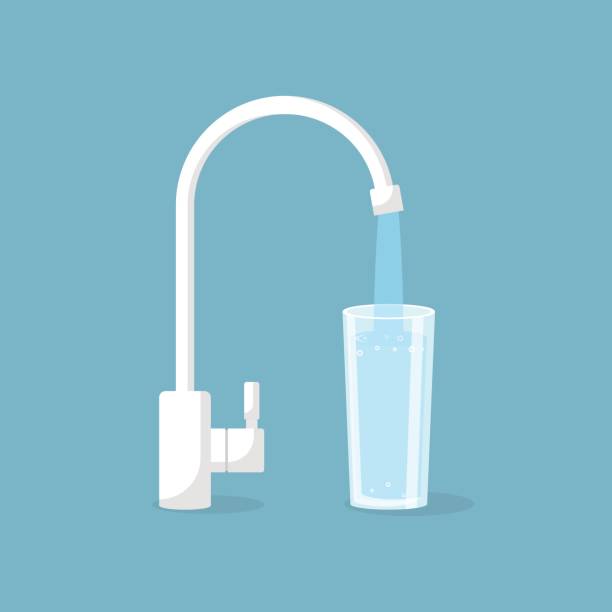 Water tap with glass Water tap with glass. Kitchen faucet. Glass of clean water. Vector illustration flat design. Isolated on background. Filling cup beverage. Pouring fresh drink. drinking water illustrations stock illustrations
