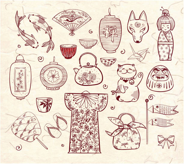 Japan doodle sketch elements. Japan doodle sketch elements on vintage background daruma stock illustrations