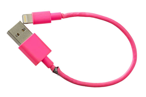 istock Broken smart phone charger pink USB cable isolated on white background 693191648