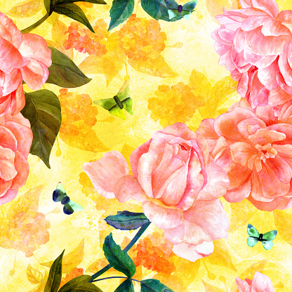Seamless pattern with watercolor drawings of blooming pink roses, camellias, peonies, and butterflies, hand painted on a golden yellow background with lantana silhouettes