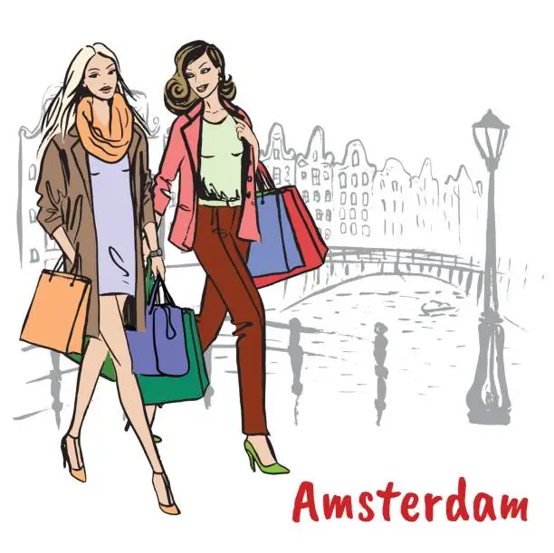 Vector illustration of friends with shopping bags