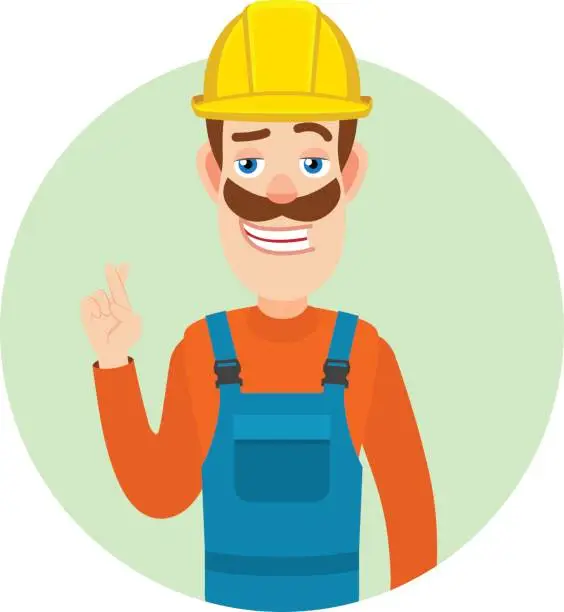 Vector illustration of Builder with crossed fingers
