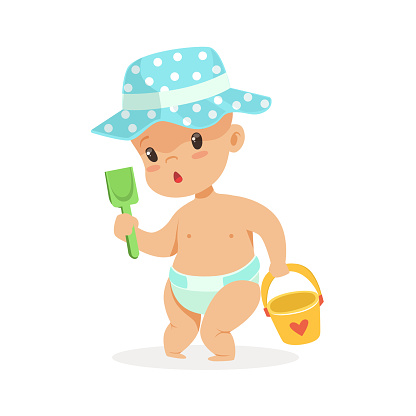 Cute baby in a diaper playing with toy bucket and shovel, colorful cartoon character vector Illustration isolated on a white background