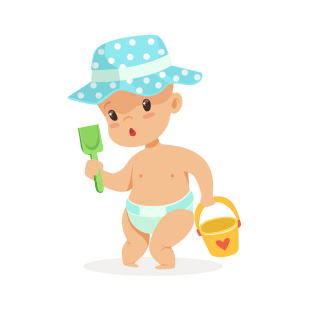 Cute Baby In A Diaper Playing With Toy Bucket And Shovel Colorful Cartoon  Character Vector Illustration Stock Illustration - Download Image Now -  iStock