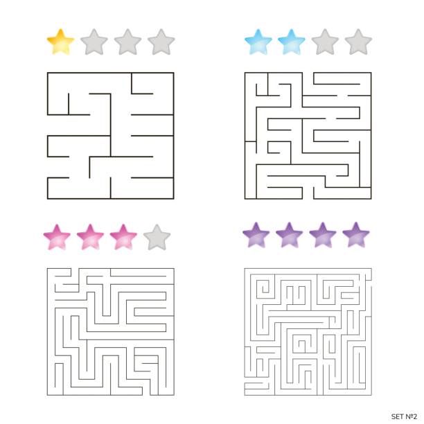 векторная иллюстрация набора из 4 квадратных лабиринтов для детей - maze searching simplicity concepts stock illustrations