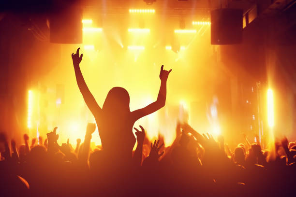 Concert, disco party. People having fun in night club Concert, disco party. Woman silhouette with hands up in foreground and people having fun in night club singer back stock pictures, royalty-free photos & images