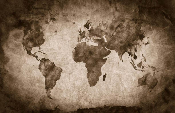 Old grunge creased paper texture. Retro vintage background Watercolor world map. Colorful paint on white paper. HD quality ancient history stock pictures, royalty-free photos & images